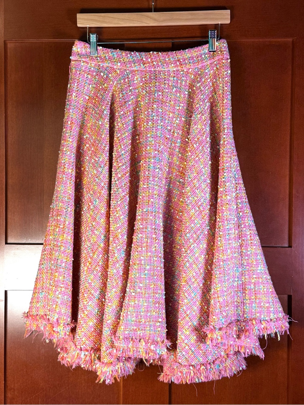Pink Multicolor Tweed Fringe Midi Circle Skirt Size M/L